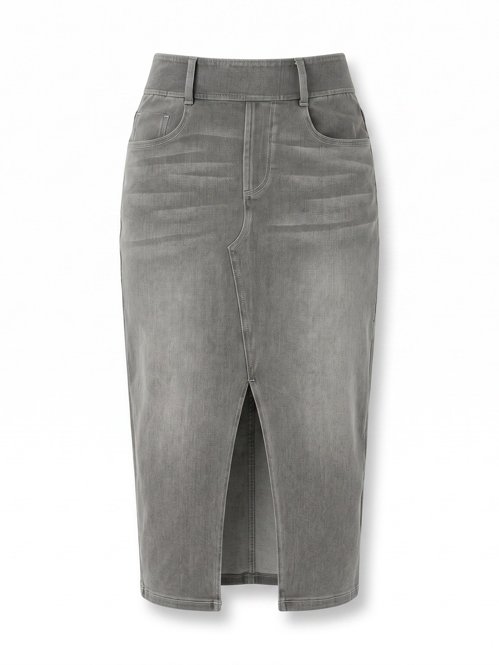 NWT HALARA Gray Denim Midi Pencil Skirt with Center Front Slit Size Medium